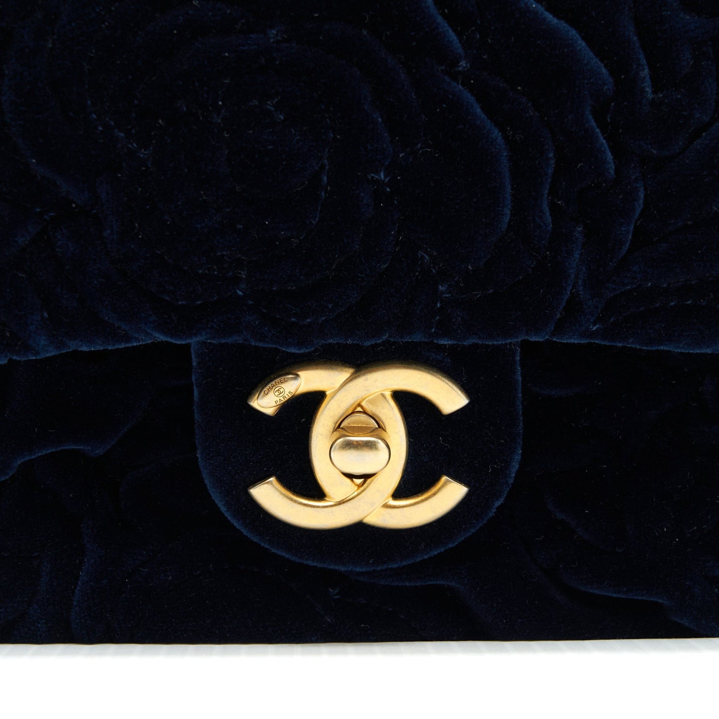 Chanel Velvet Camellia Embossed Mini Square Flap Bag Navy GHW (Microchip)