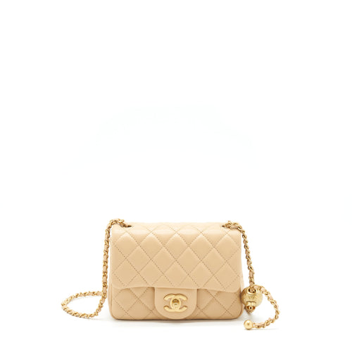Chanel 22C Pearl Crush Mini Square Flap Bag Lambskin Beige GHW (Microchip)