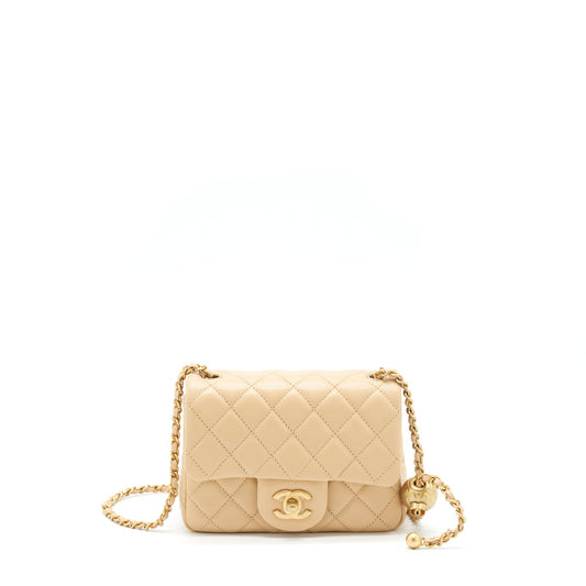 Chanel 22C Pearl Crush Mini Square Flap Bag Lambskin Beige GHW (Microchip)