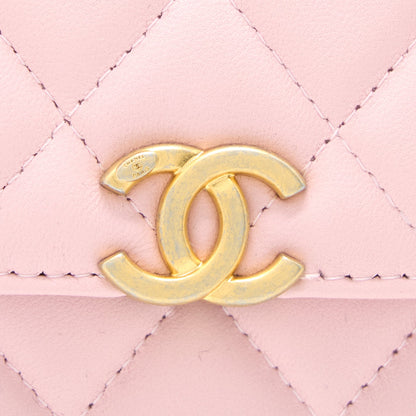 Chanel 22B Flap Bag Enamel/CC Logo Top Handle Lambskin NJ523 Light Pink Brushed GHW