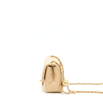 Chanel 22C Pearl Crush Mini Square Flap Bag Lambskin Beige GHW (Microchip)