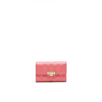 CHANEL CAVIAR FLAP WALLET ROSE PINK WITH GOLD CC LOGO