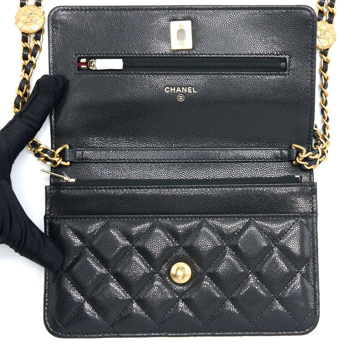 Chanel 22A Twist your button Wallet On Chain Caviar Black GHW (Microchip)