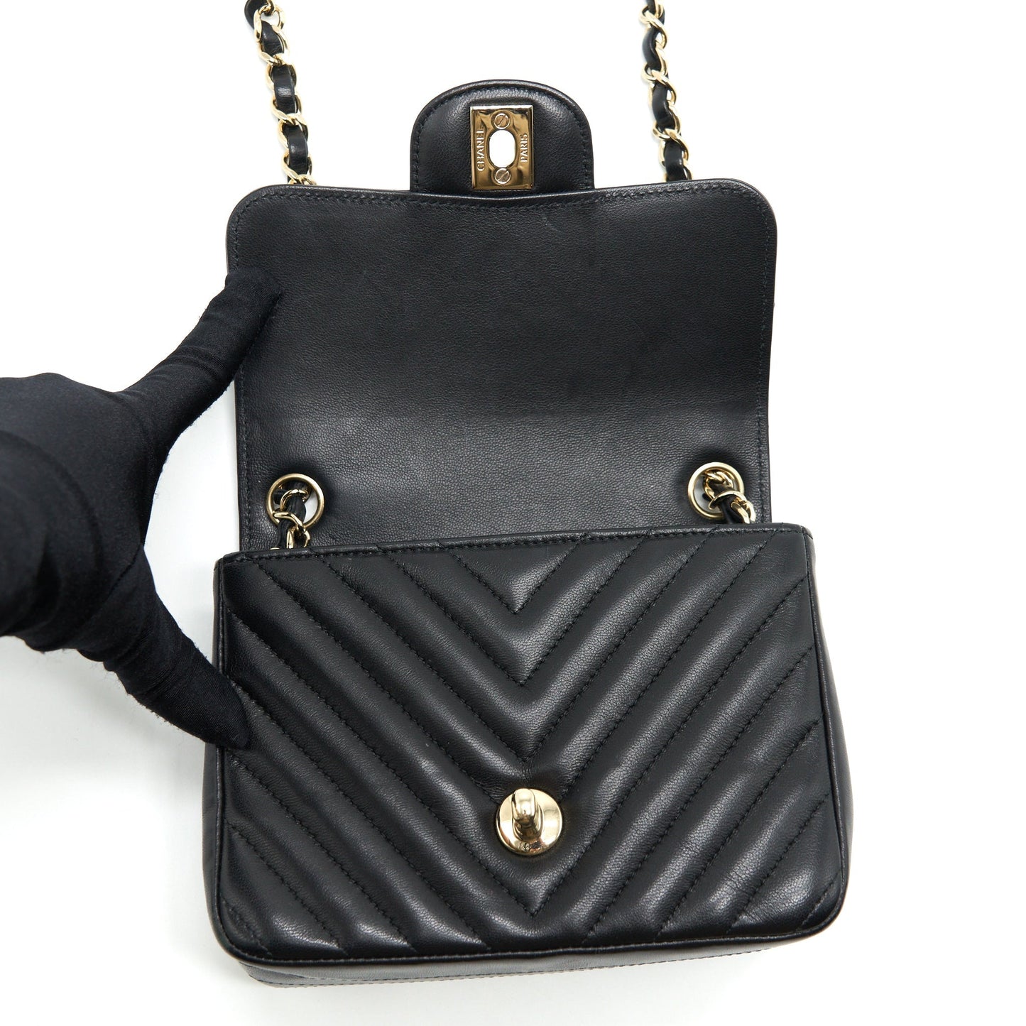Chanel Mini Square Chevron Flap Bag Black LGHW
