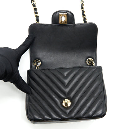 Chanel Mini Square Chevron Flap Bag Black LGHW