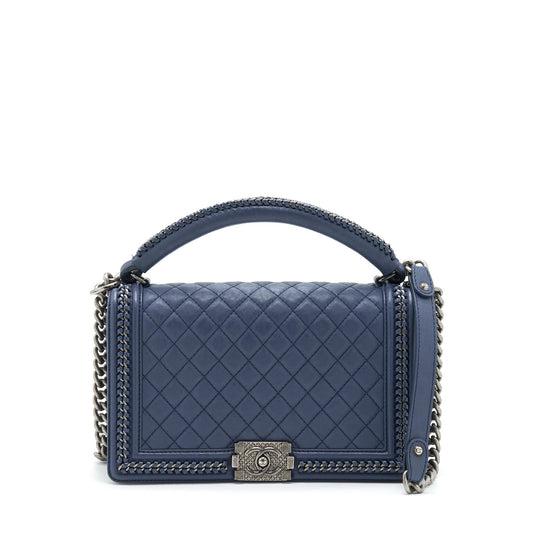 Chanel Boy Bag With Top Handle Navy Ruthenium Sliver Hardware