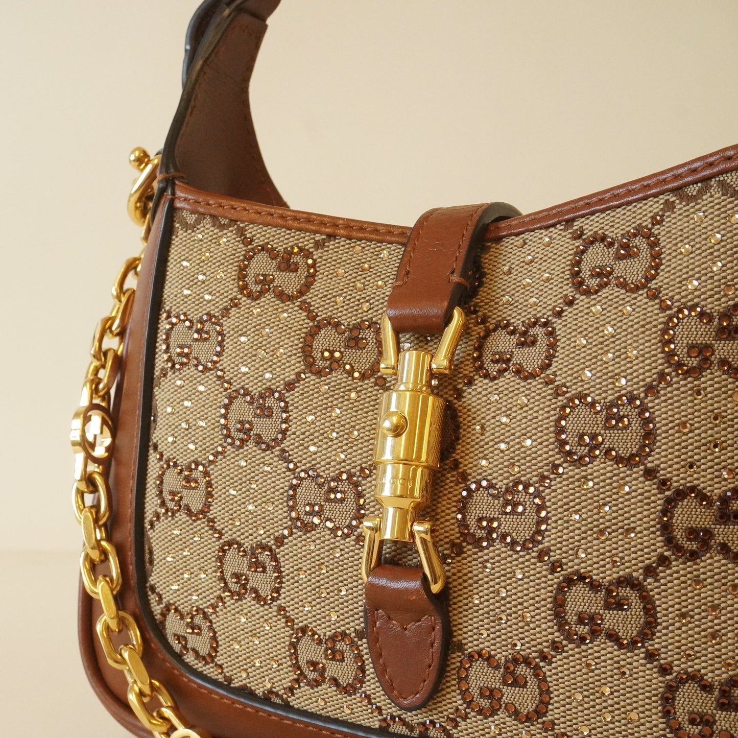 GG Brown Gucci Jackie 1961 Crystals Mini Bag