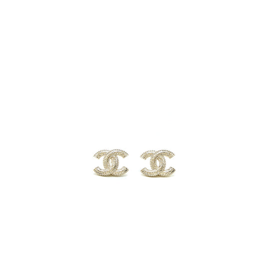 Chanel 22K Small CC Logo Earrings Light Gold Tone