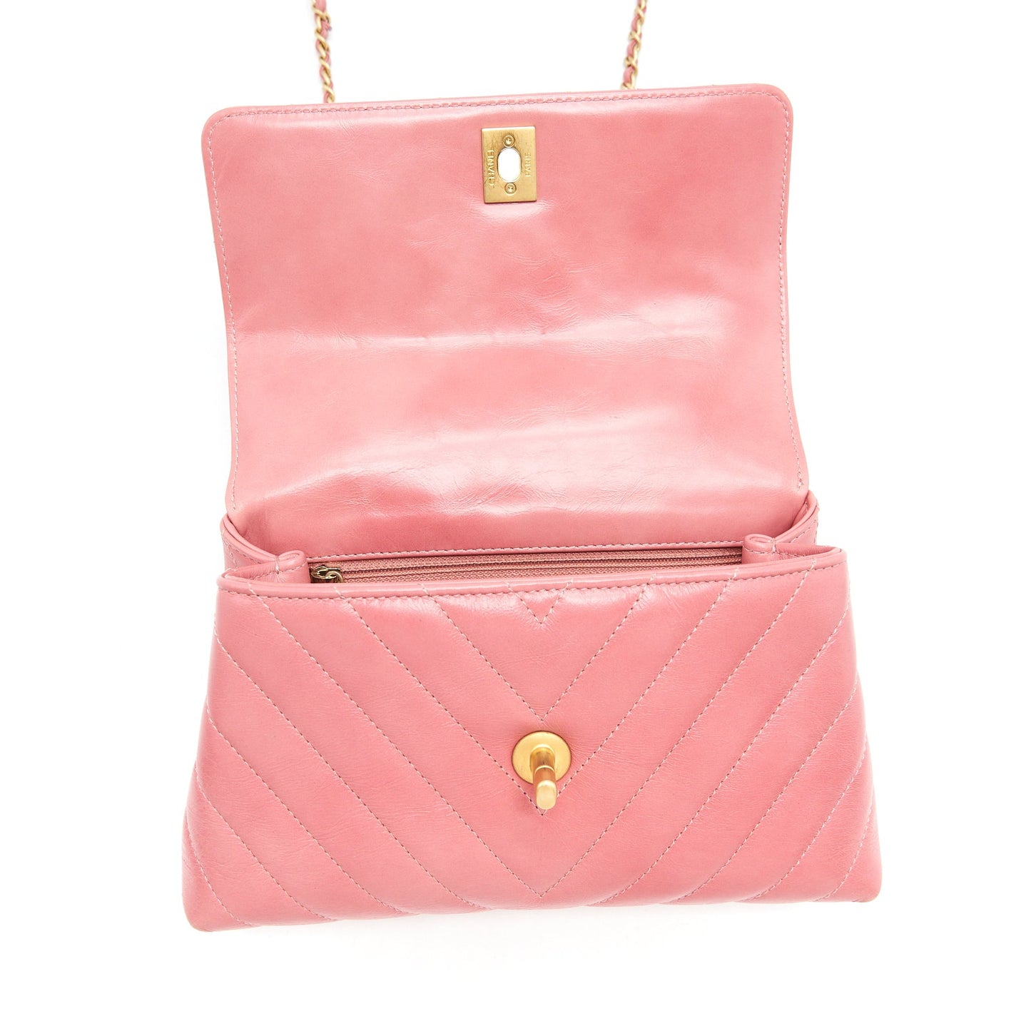Chanel Small Coco Handle Chevron Calfskin With Lizard Handle Pink GHW