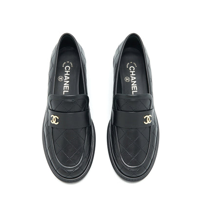 Chanel Size 37 Quilted Leather With CC Logo Loafer Black LGHW