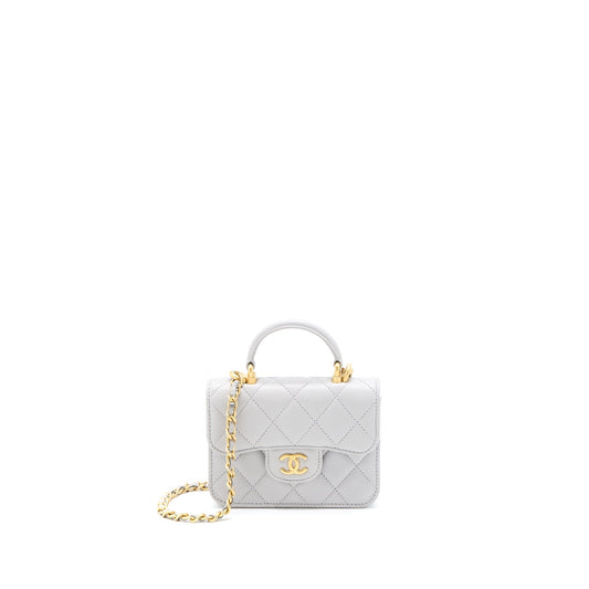 Chanel Mini Top Handle Flap Bag Lambskin Light Grey Brushed GHW