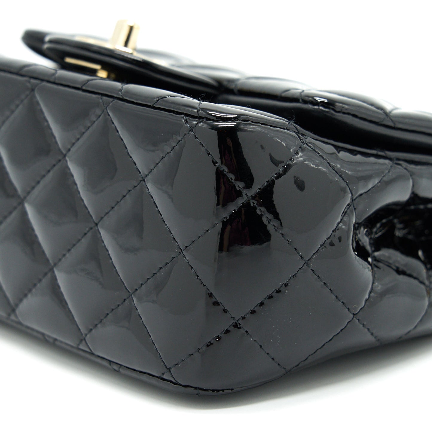 CHANEL MINI SQUARE FLAP BAG QUILTED PATENT LEATHER BLACK GHW