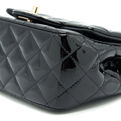 CHANEL MINI SQUARE FLAP BAG QUILTED PATENT LEATHER BLACK GHW
