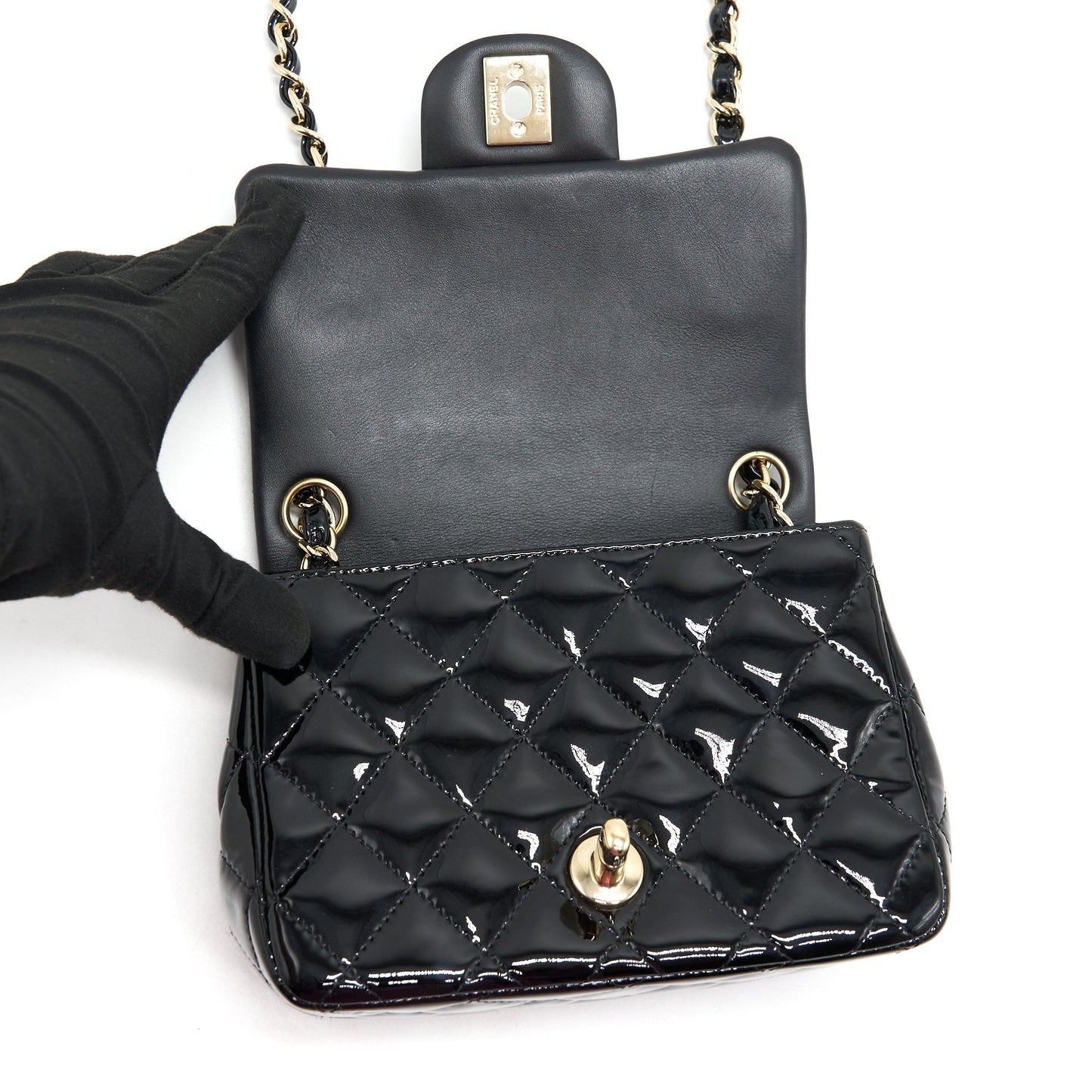 CHANEL MINI SQUARE FLAP BAG QUILTED PATENT LEATHER BLACK GHW