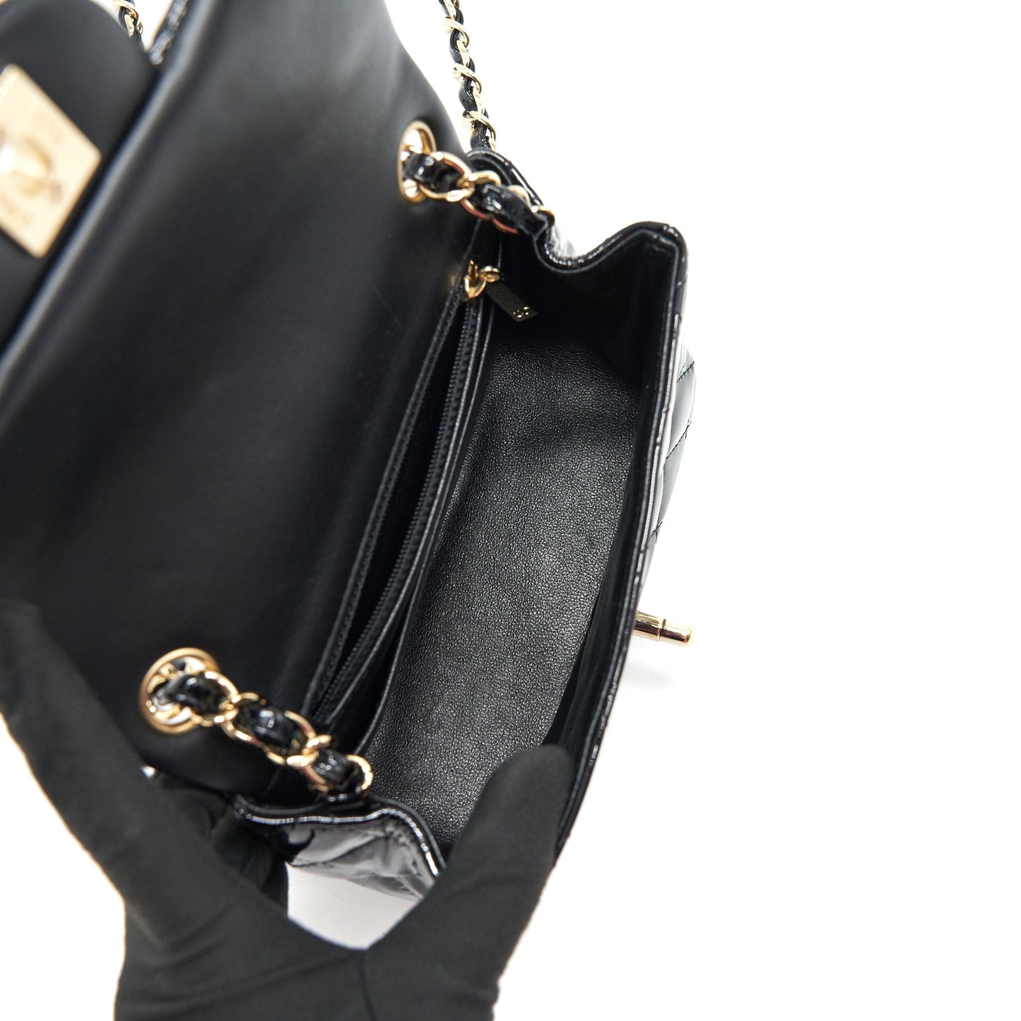 CHANEL MINI SQUARE FLAP BAG QUILTED PATENT LEATHER BLACK GHW