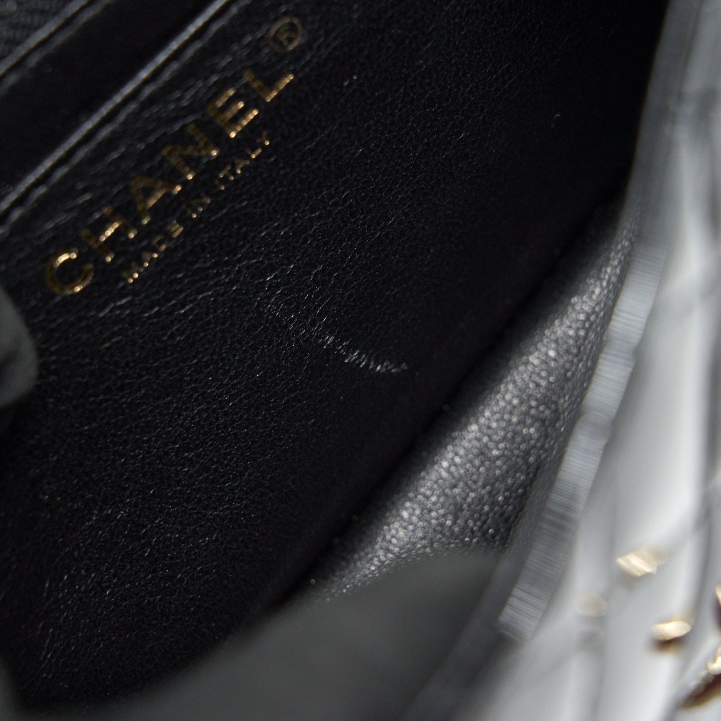 CHANEL MINI SQUARE FLAP BAG QUILTED PATENT LEATHER BLACK GHW