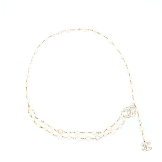 Chanel Pearl Waist Chain Belt With CC Logo Drop Light Gold Tone