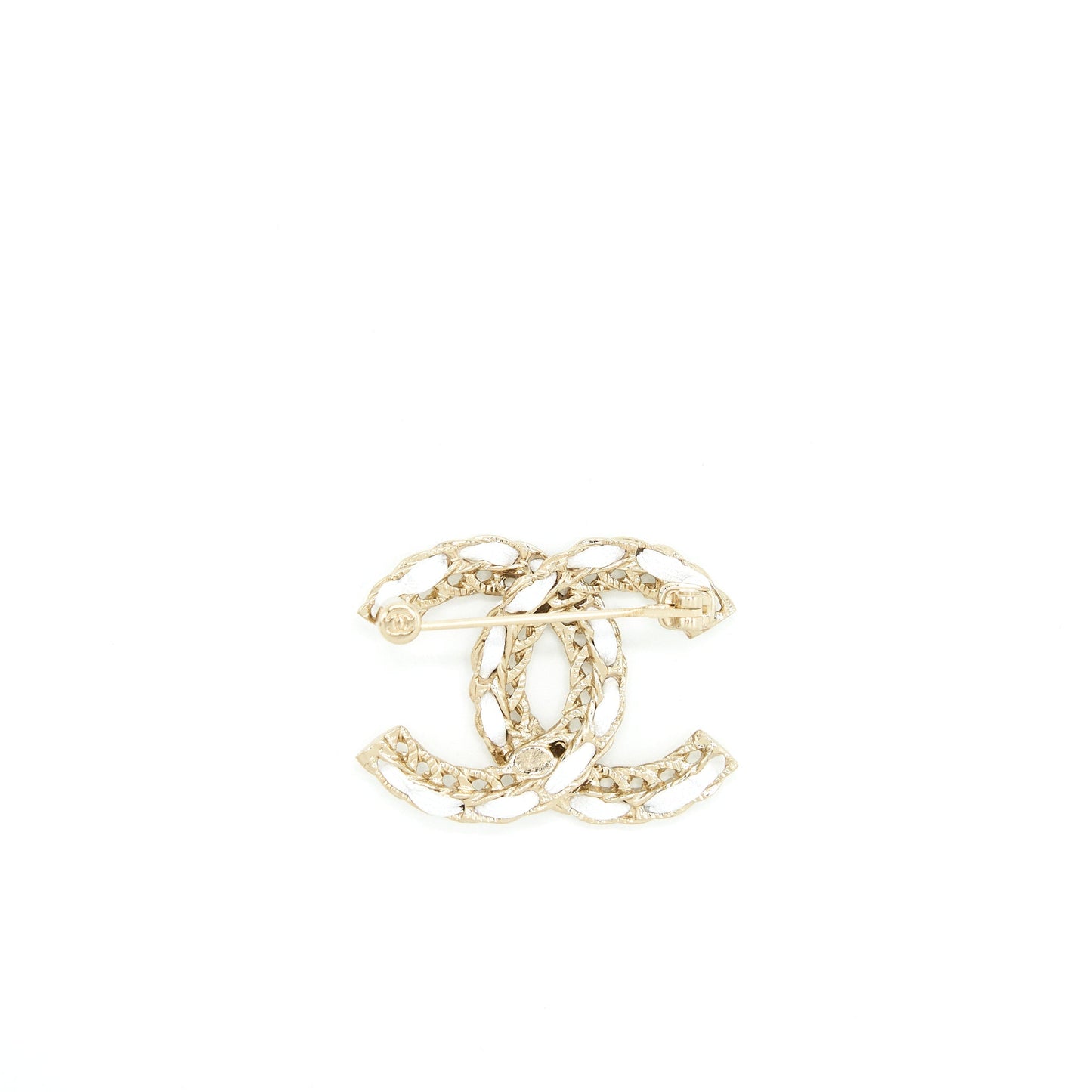 Chanel Small Leather Chain CC Logo Brooch White/Light Gold Tone