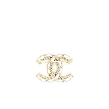Chanel Small Leather Chain CC Logo Brooch White/Light Gold Tone