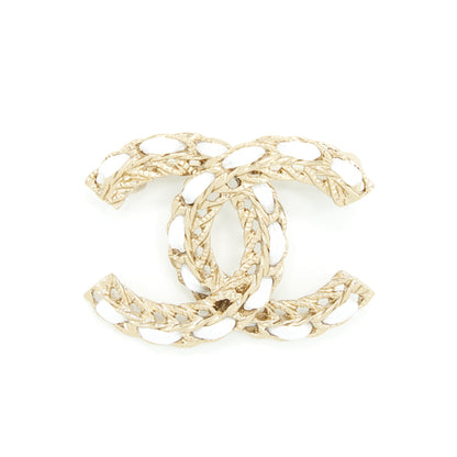 Chanel Small Leather Chain CC Logo Brooch White/Light Gold Tone