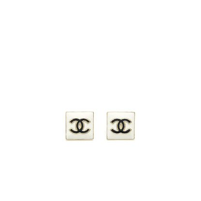 Chanel Square Enamel CC Logo Earrings Black/White Light Gold Tone