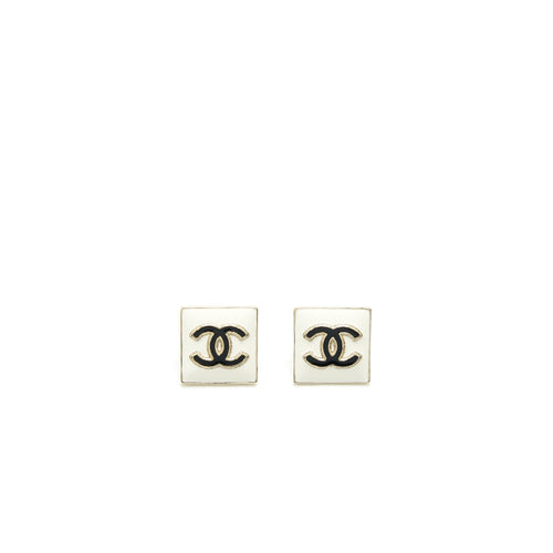 Chanel Square Enamel CC Logo Earrings Black/White Light Gold Tone