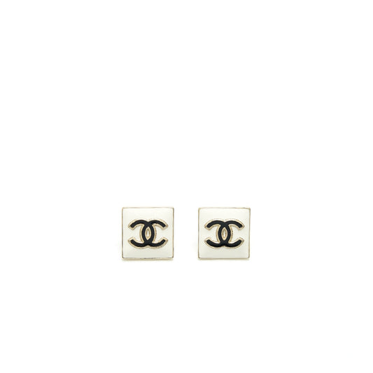 Chanel Square Enamel CC Logo Earrings Black/White Light Gold Tone
