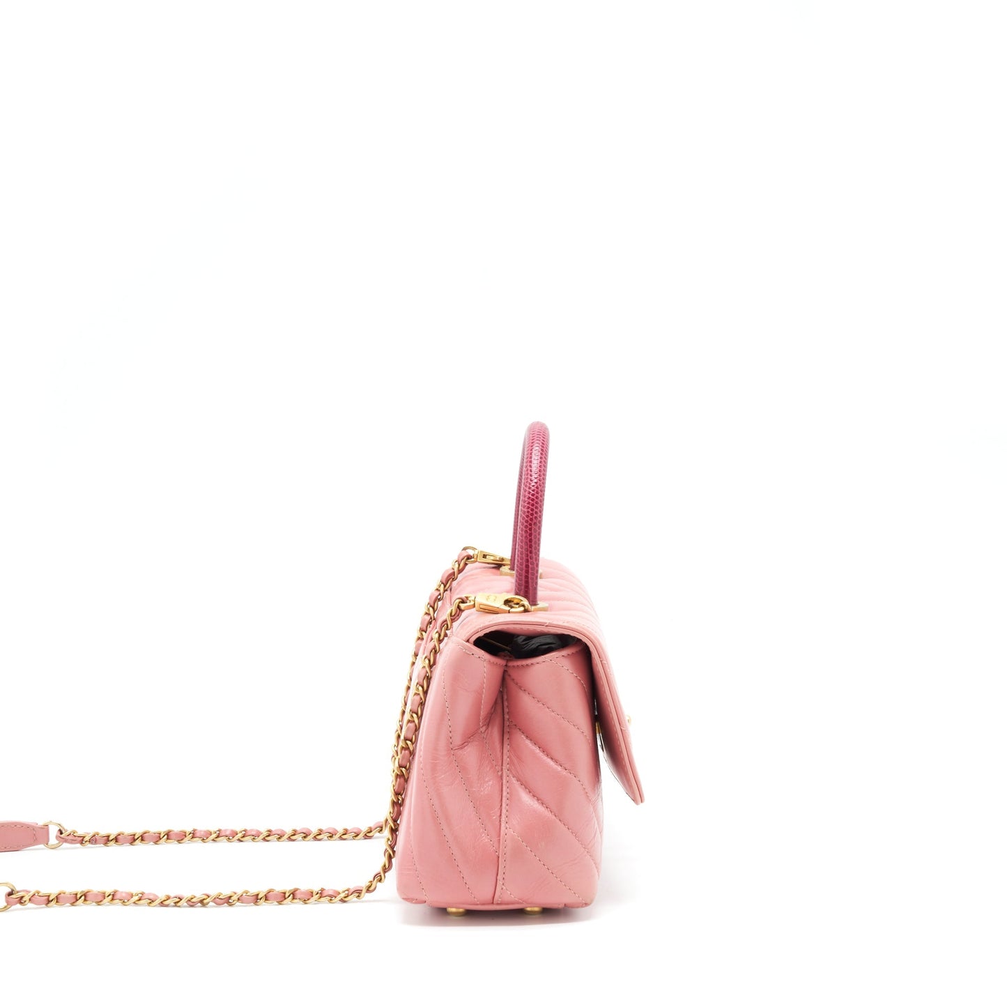 Chanel Small Coco Handle Chevron Calfskin With Lizard Handle Pink GHW