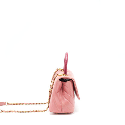 Chanel Small Coco Handle Chevron Calfskin With Lizard Handle Pink GHW