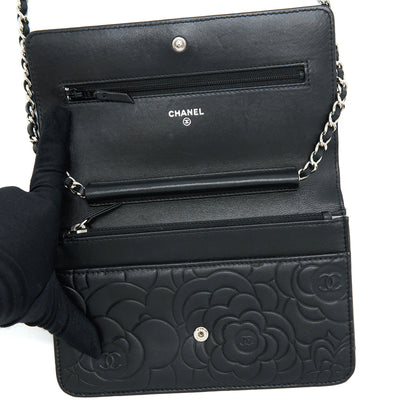 Chanel Camellia Wallet On Chain Lambskin Black SHW
