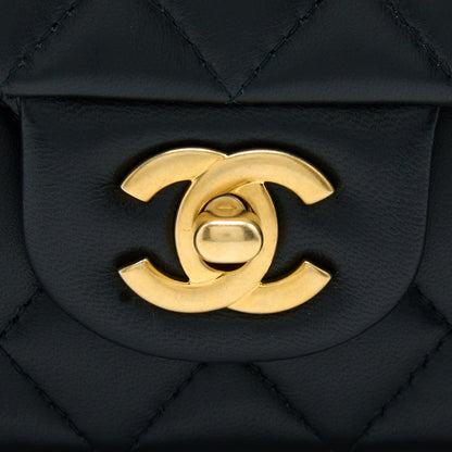 Chanel 21K Top Handle Mini Rectangular Flap Bag Lambskin Black Brushed GHW(Microchip)