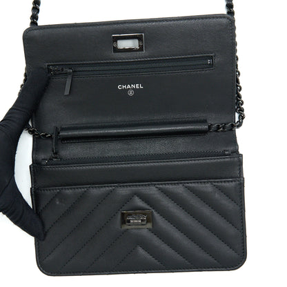 Chanel 2.55 So Black Wallet On Chain Calfskin With Black Hardware