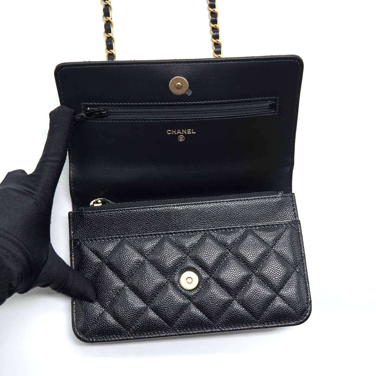 Chanel 22S Logo Top Handle Wallet On Chain Caviar Black GHW (Microchip)