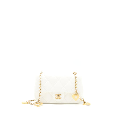 Chanel Quilted Flap Bag With Heart Charm Chain Lambskin White GHW(Microchip)