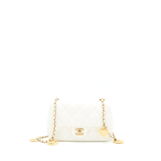 Chanel Quilted Flap Bag With Heart Charm Chain Lambskin White GHW(Microchip)