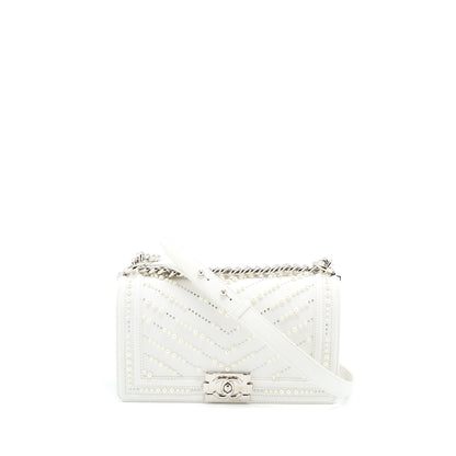 Chanel Medium Boy Bag Chevron Limited Lambskin With Pearl White SHW