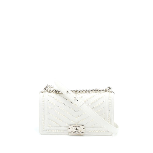 Chanel Medium Boy Bag Chevron Limited Lambskin With Pearl White SHW