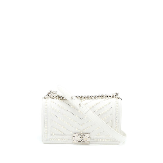 Chanel Medium Boy Bag Chevron Limited Lambskin With Pearl White SHW