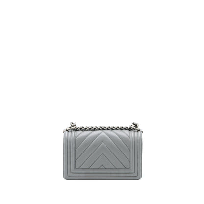 Chanel Small Boy Bag Chevron Lambskin Grey Ruthenium Hardware