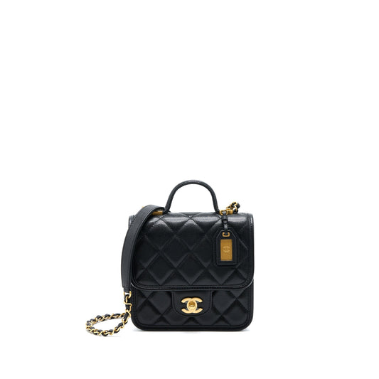 Chanel 22K Top Handle Messenger Bag Caviar Black Brushed GHW(Microchip)