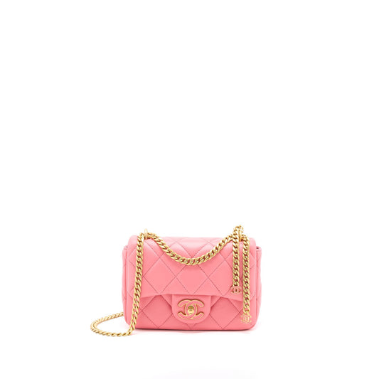 Chanel 22P Mini Square Flap Bag Lambskin Pink With Enamel And Gold Hardware (Microchip)