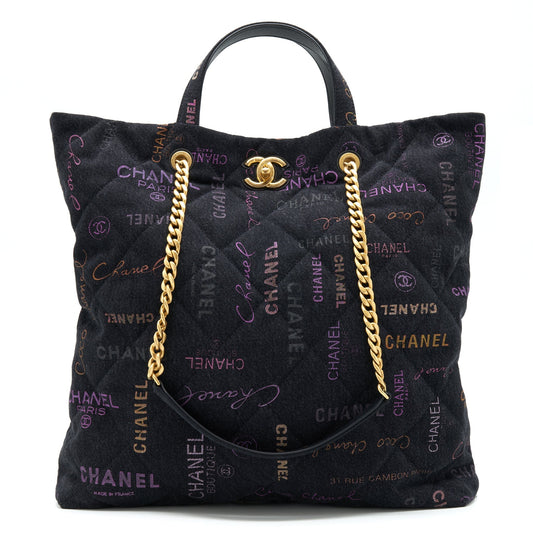 Chanel 22P Printed Denim Maxi Shopping Tote Bag Black/Multicolour GHW