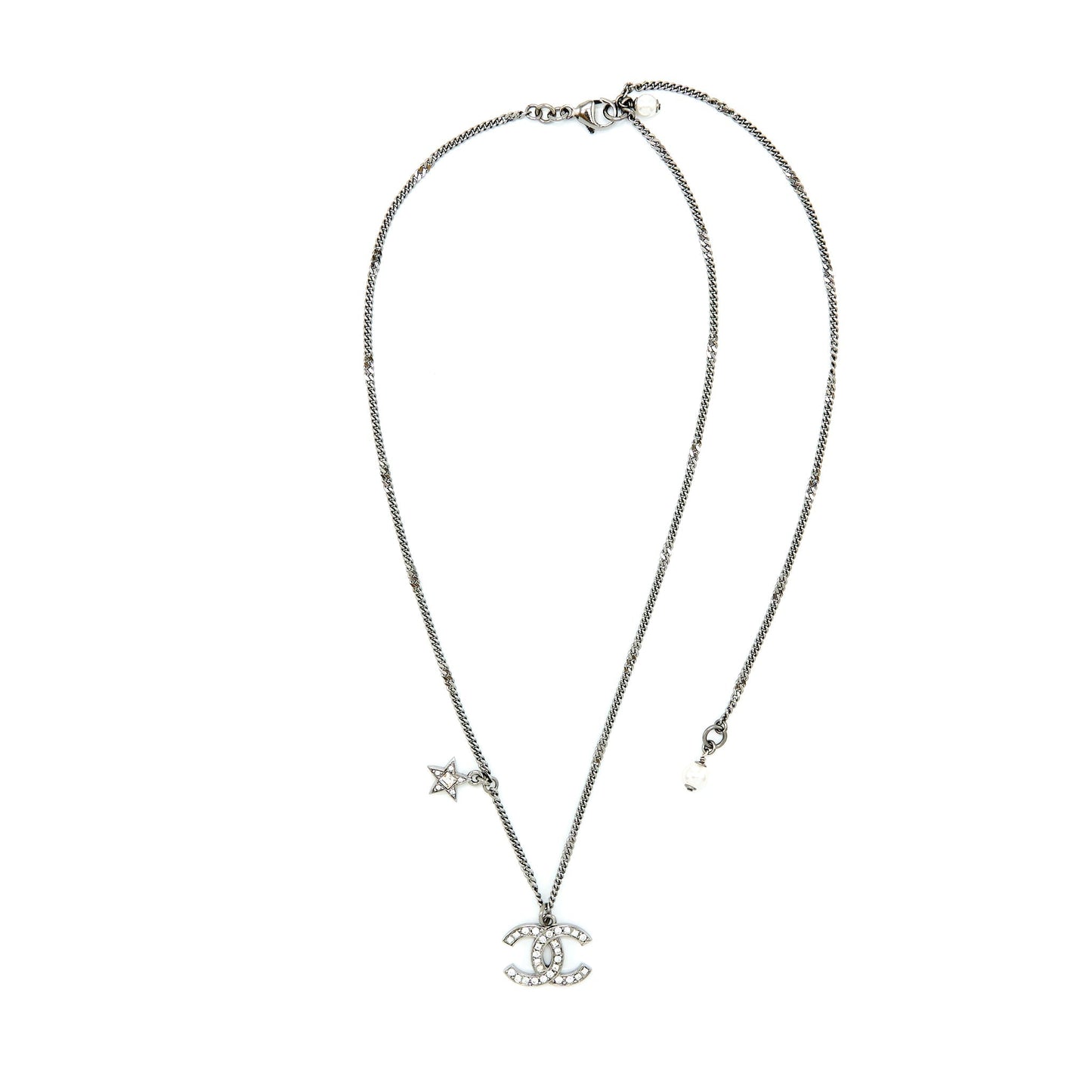 Chanel CC Logo And A Star Necklace Silver Tone