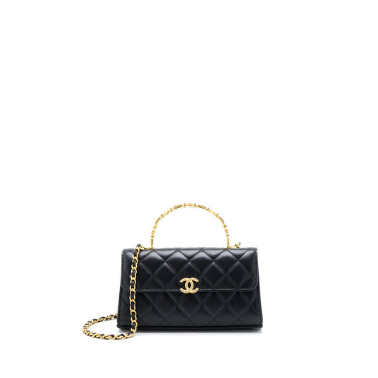 Chanel 22B Flap Bag With Enamel Top Handle Lambskin Black GHW
