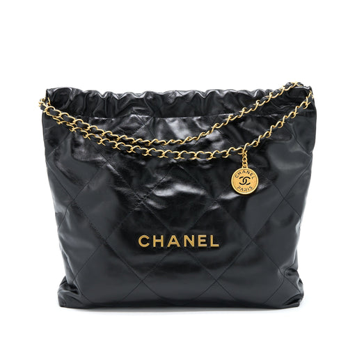 Chanel 22 Bag Medium Shiny Calfskin Black In Gold Letter GHW (Microchip)