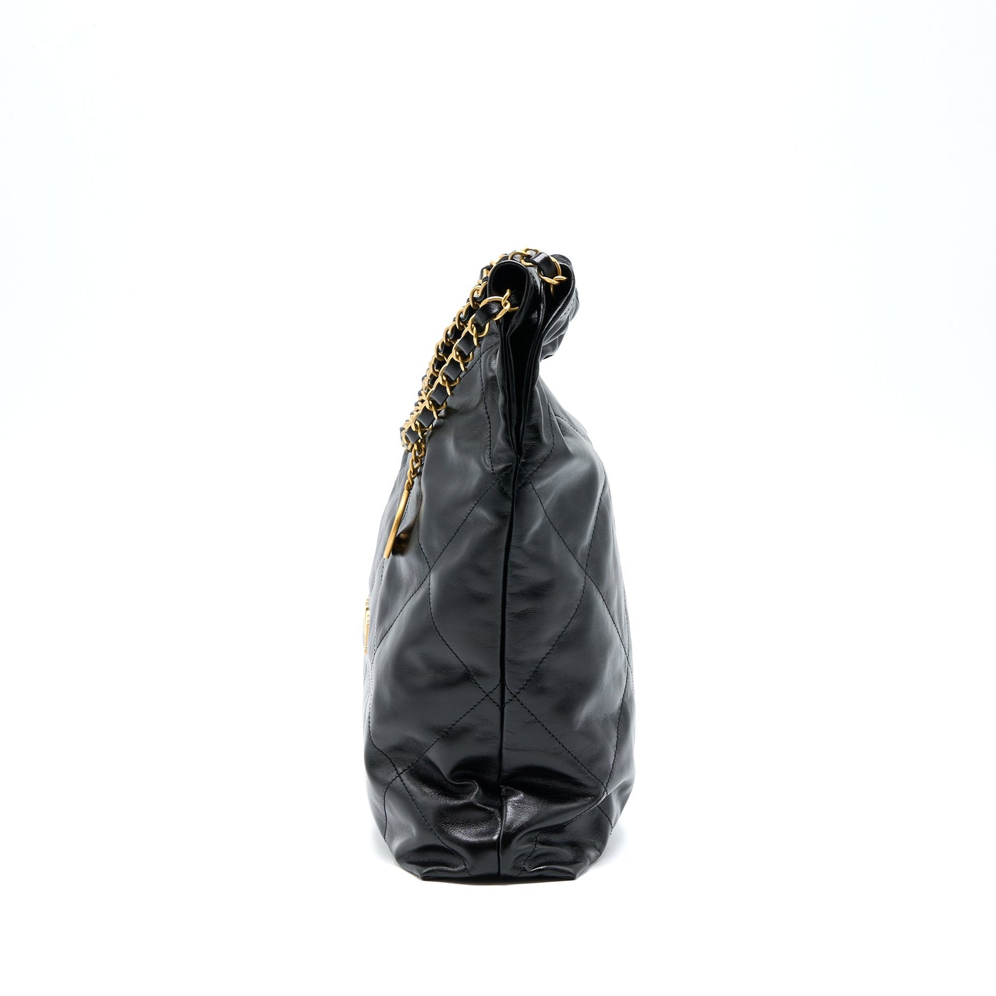 Chanel 22 Bag Medium Shiny Calfskin Black In Gold Letter GHW (Microchip)