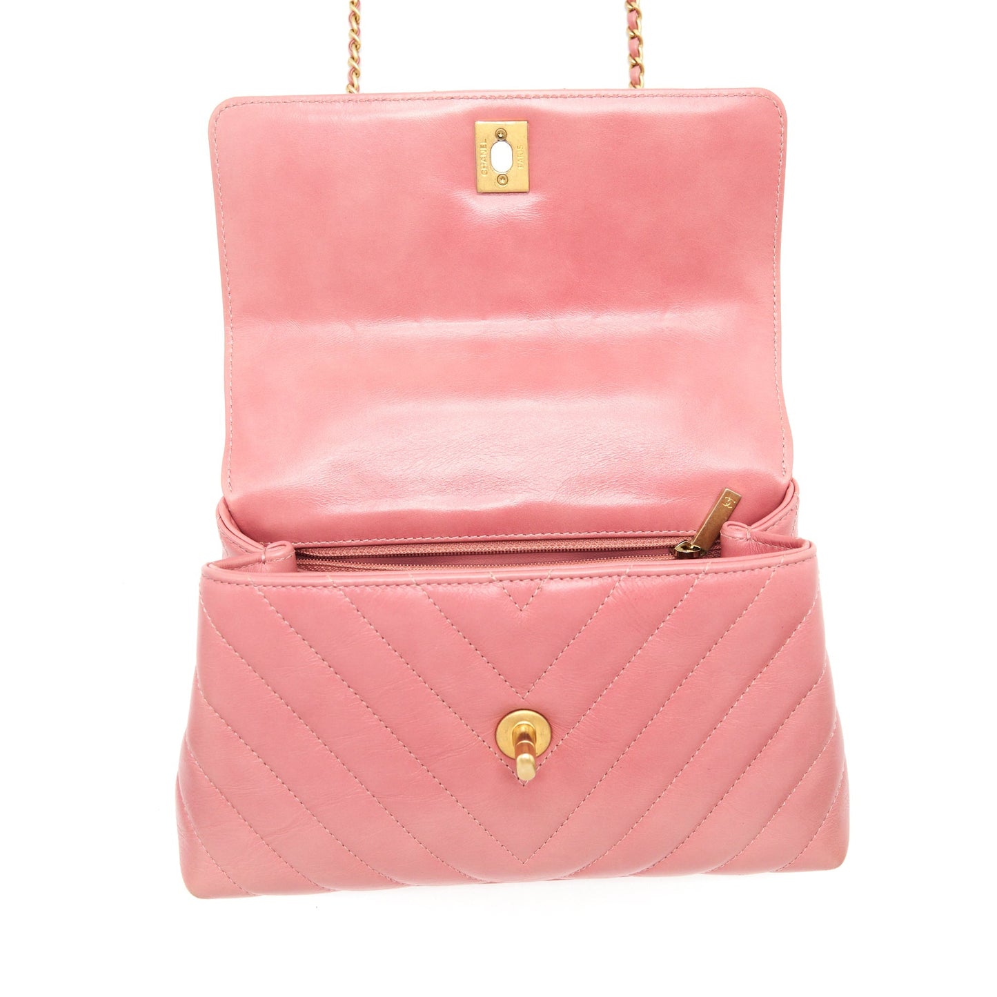 Chanel Small Coco Handle Chevron Calfskin With Lizard Handle Pink GHW