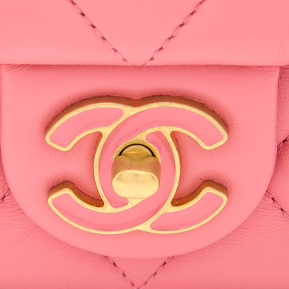 Chanel 22P Mini Square Flap Bag Lambskin Pink With Enamel And Gold Hardware (Microchip)