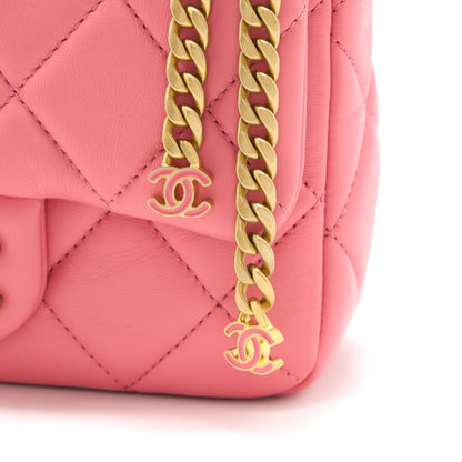 Chanel 22P Mini Square Flap Bag Lambskin Pink With Enamel And Gold Hardware (Microchip)