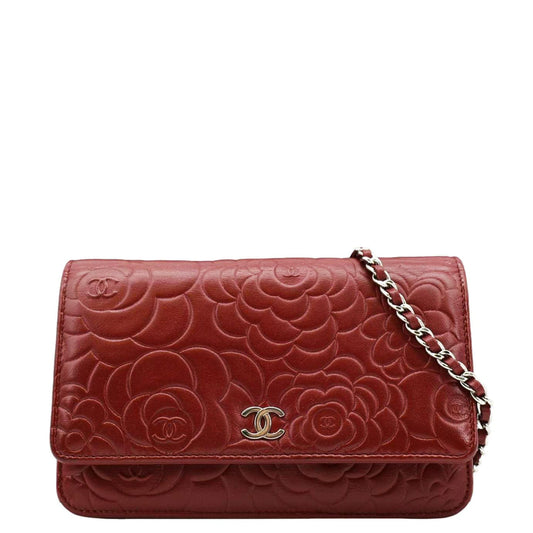 CHANEL Camellia Wallet On Chain Leather Crossbody Bag Red